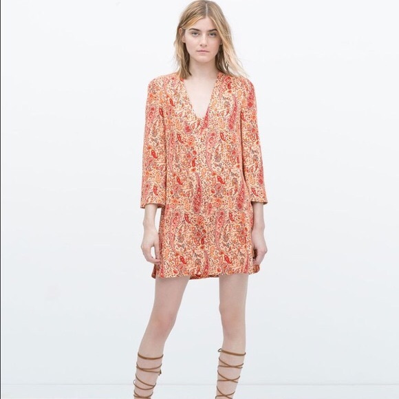 Zara Tops - Zara Boho Peach Paisley Tunic with Bell Sleeves